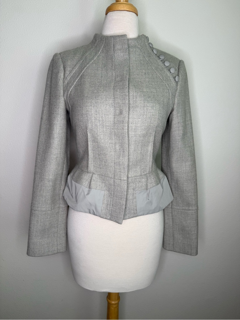 BCBGMaxAzria Gray Tailored Peplum Blazer with Covered Buttons
